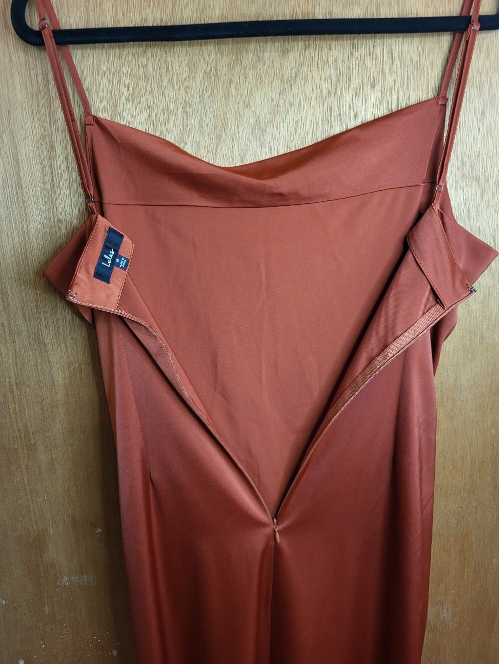 Lulu's Hollywood Woman Rust Orange Satin Cowl Neck Strappy Maxi Dress. Medium - Picture 13 of 16